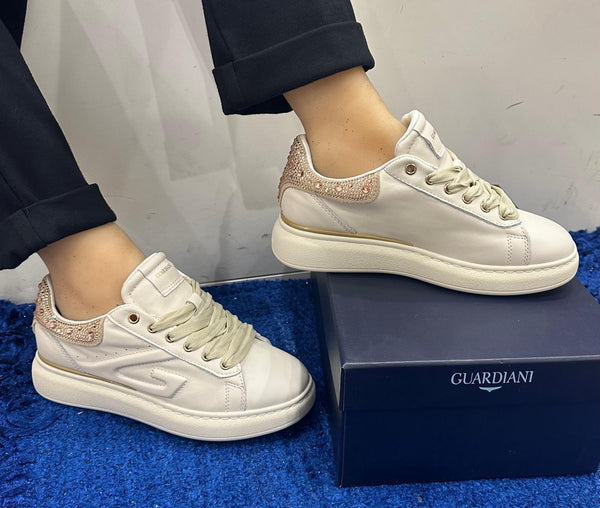 Sneakers donna guardiani pelle off white/camoscio beige strass king4381 agw438100