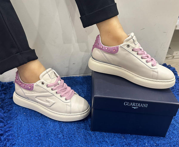 Sneakers donna guardiani pelle off white/camoscio orchid strass king4381 agw438101